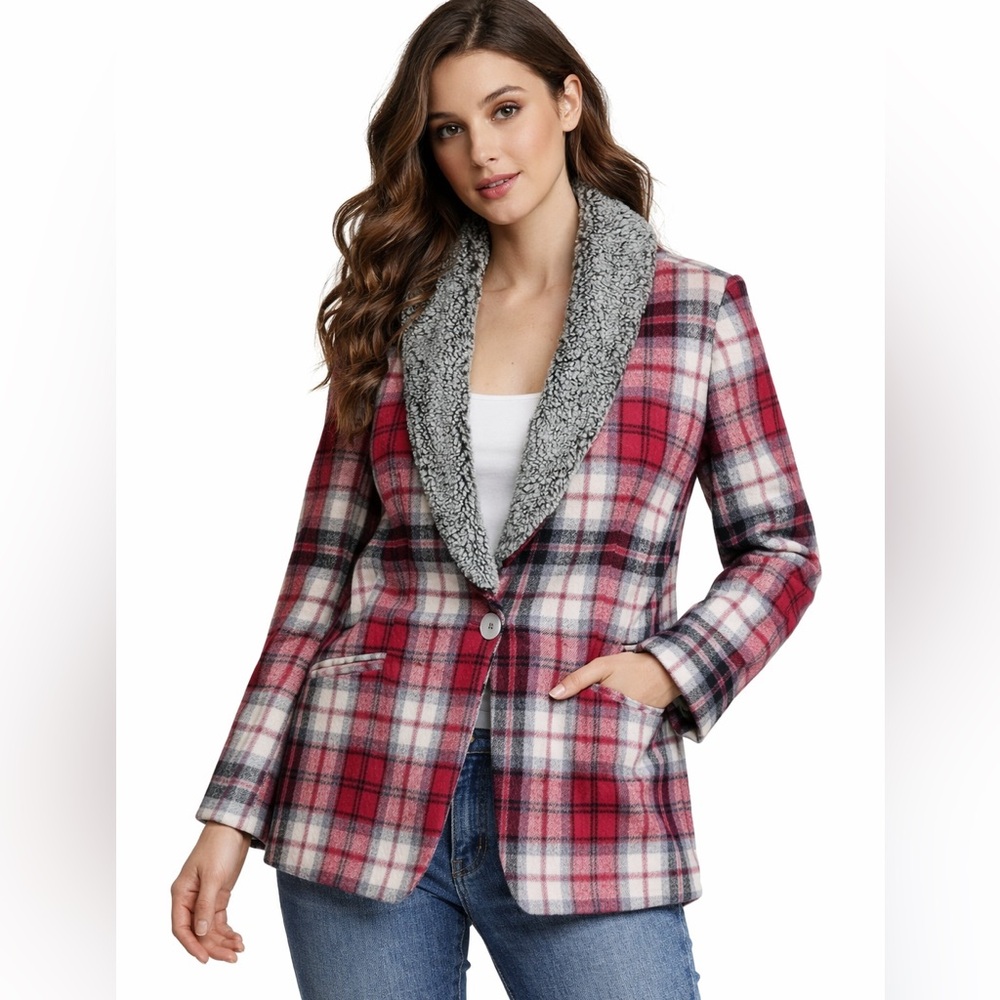 Pendleton Portland Wool Blazer Jacket Shearling Removable Collar Plaid Tartan M